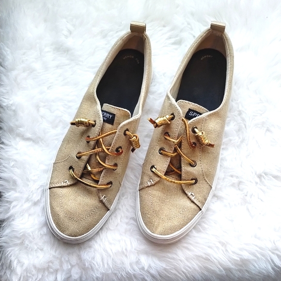 Sperry Shoes - Lightly worn Sperry gold canvas & leather laces slip on shoes